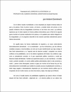 Portada Presentación de "El derecho a la existencia. La propuesta del subsidio universal garantizado" de Daniel Raventós