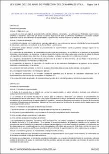 Portada Ley 5/1995 : de 21 de junio, de protección de los animales utilizados para experimentación para otras finalidades científicas
