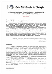 Portada La relación del lenguaje con la realidad : Inherencia y predicación en las Categorías de Aristóteles y la influencia platónica