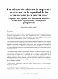 Portada Los métodos de valuación de empresas y su relación con la capacidad de las organizaciones para generar valor : propuesta para reportar en la información financiera el valor de las organizaciones y su capacidad para generarlo