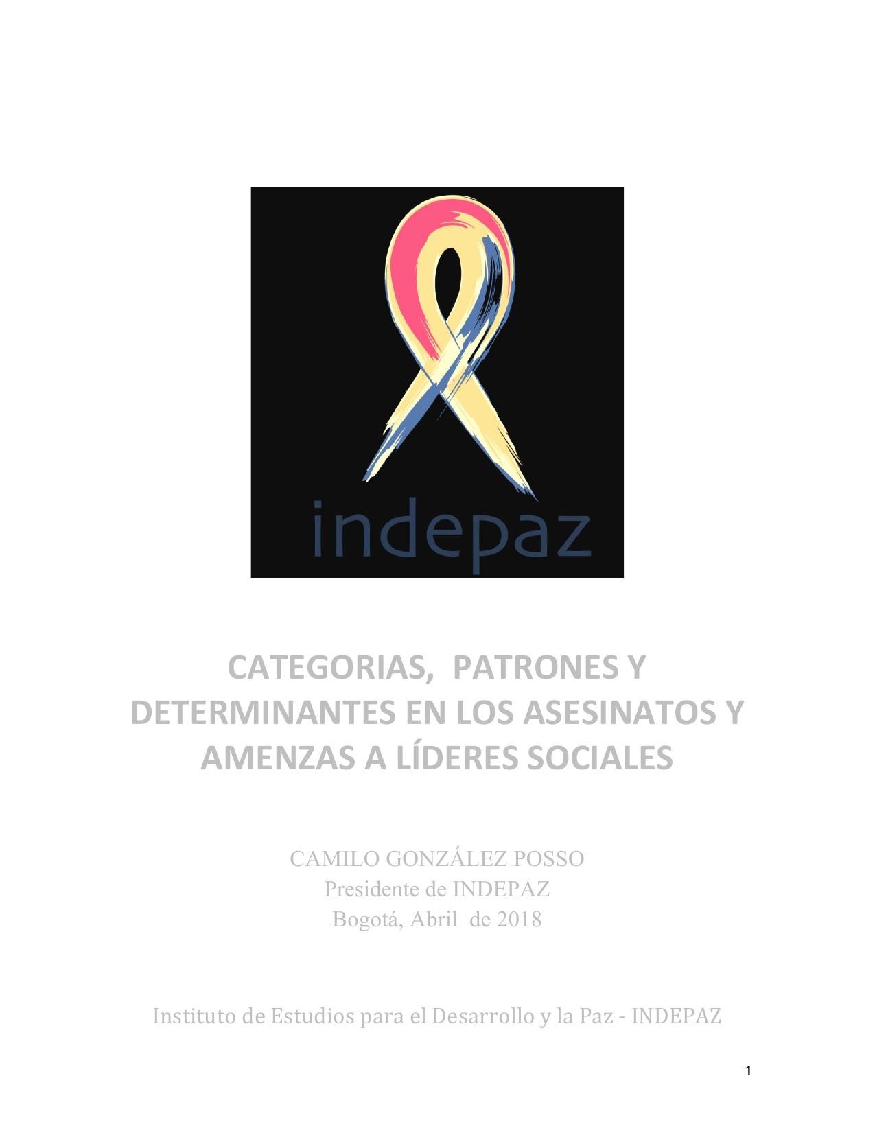 Portada Categorias, patrones y determinantes en los asesinatos y a amenazas  a líderes sociales.