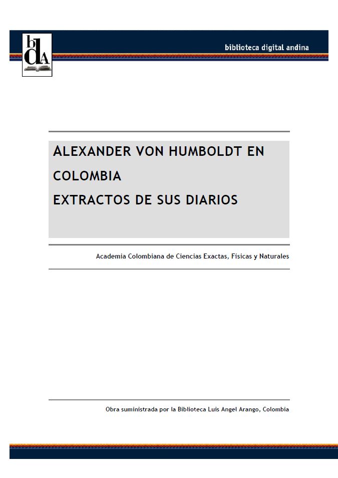 Portada Alexander Von Humboldt en Colombia. Extractos de sus diarios
