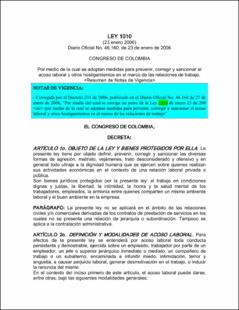 Portada Ley 1010 : (23 de enero 2006) : por medio de la cual se adoptan medidas para prevenircorregir y sancional el acoso laboral y otros hostigamientos en el marco de las relaciones de trabajo