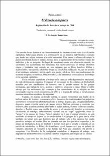 Portada El derecho a la pereza : Refutación del derecho al trabajo de 1848