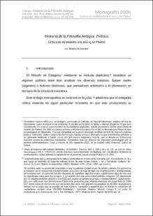 Portada Historia de la filosofía antigua : política. Crítica de Aristóteles a la polis de Platón